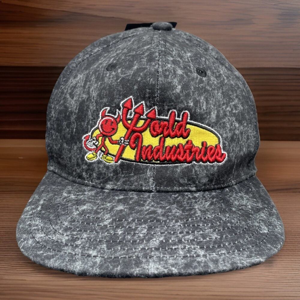 World Industries Willy Flameboy Skateboard Snapback Hat Cap Black Acid Wash Rare